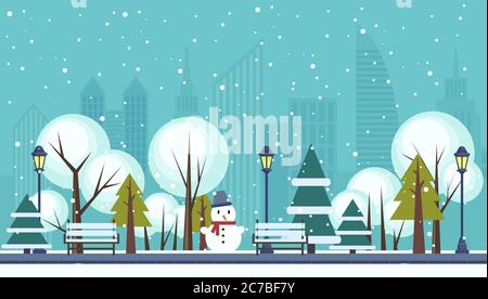 Vector illustration of winter city park with snow and modern city ...