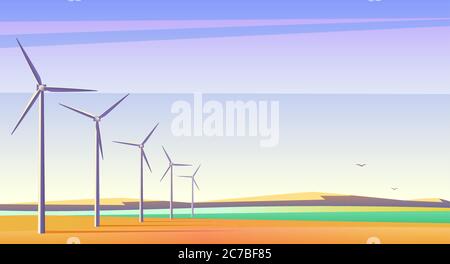 Vector illustration with rotation windmills for alternative energy resource in spacious field with blue sky Stock Vector