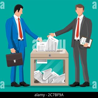 Businessman and ballot box. Container with glass window and lock full of documents papers. Voting case for suggestions elections. Box for tips and donations. Vector illustration in flat style Stock Vector