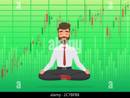 Young man trader meditating under rising crypto or stock market exchange chart. Business trader, finance stock market graph concept. Rising green profit stock Market. Balance feeling Stock Vector