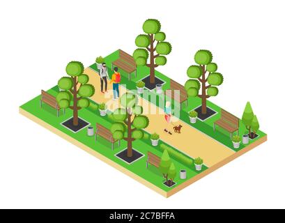 Vector isometric element of green park with alley and people walking isolated on white background Stock Vector
