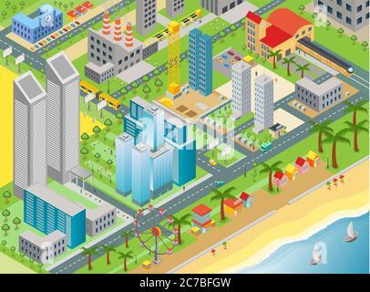 Isometric vector of city map with modern buildings and beach area with amusement park Stock Vector