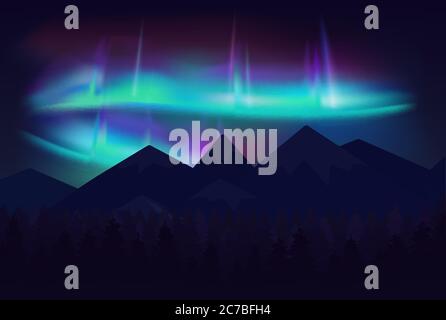 Vector beautiful northern lights aurora borealis in night sky over cartoon mountains Stock Vector