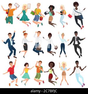 Jumping and dancing happy young people in casual and formal clothes. Flat cartoon vector jump characters set Stock Vector