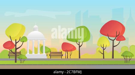 Vector illustration of a beautiful autumn city park with town building background. Evening in the park. Stock Vector