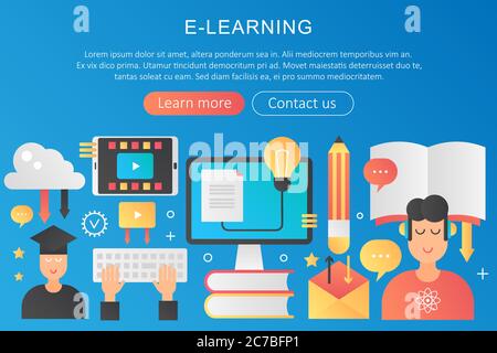 Vector trendy flat gradient color Elearning online learning concept template banner with icons and text Stock Vector
