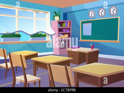 Modern gradient flat vector illustration of cartoon empty school classroom interior. Education class room school concept background Stock Vector