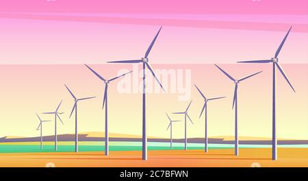 Vector illustration with rotation energy windmills for alternative energy resource in spacious field with pink sunset sky. Film camera noise effect. Stock Vector
