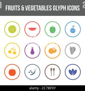 Unique fruits & vegetables vector glyph icon set Stock Vector