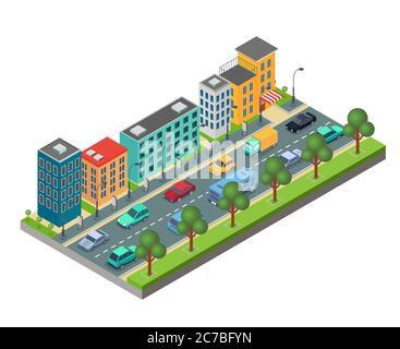 Isometric element of city road with buildings and cars in traffic jam isolated on white background Stock Vector