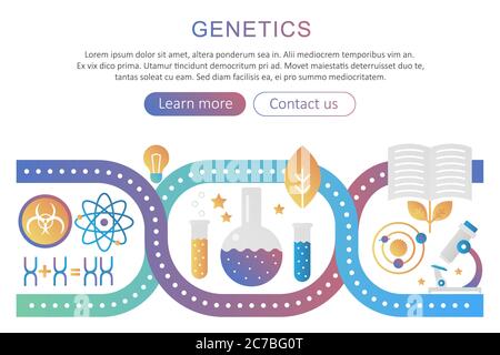 DNA genetics and bioengineering research vector concept illustration. Genetic analysis trendy flat gradient color. Biotechnology icons microscope, gene, genome, dna chain, test-tube set Stock Vector