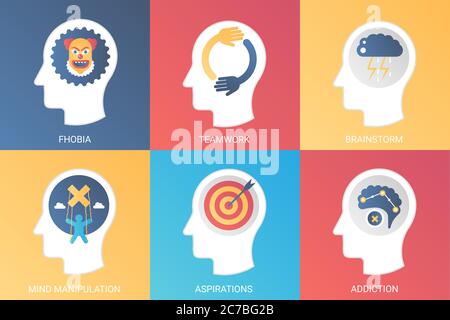 Vector Concept phobia, teamwork, brainstorm, mind manipulation, inspiration and addiction. Modern gradient flat style Stock Vector