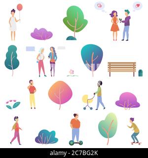 Summer people outdoor activity in the park icons set. Modern gradient flat design vector illustration Stock Vector