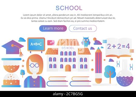 Panoramic template poster background concept with school building and teacher modern gradient vector illustration Stock Vector