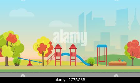 Vector city public park with kids playground entertainment on the modern city skyscrapers background. Autumn public city park with colorful seasonal trees Stock Vector