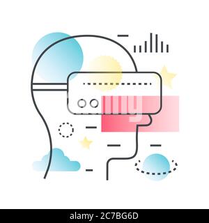 Virtual reality VR headset display with human head concept. Trendy gradient color line illustration Stock Vector