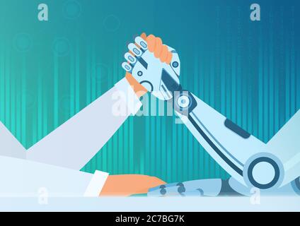 Arm wrestling human with a robot. Artificial Intelligence vector concept. Struggle of man vs robot Stock Vector
