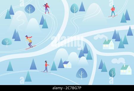 Ski Resort Seamless Pattern with Snowboarders and Skiers. Mountain skiing background winter resort with people Vector illustration. Stock Vector