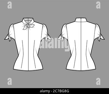 Knotted cutout blouse technical fashion illustration with high neckline, puffed volume sleeves, back zip fastening. Flat apparel template front, back white color. Women men unisex garment CAD mockup Stock Vector