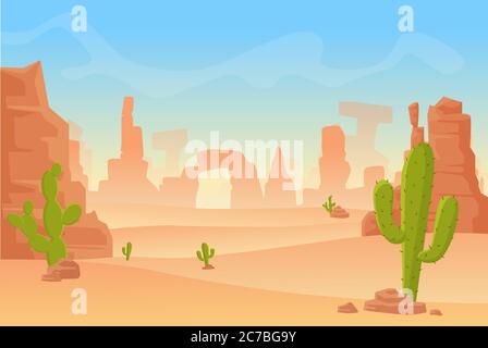 Vector cartoon illustration of Western Texas or Mexican desert silhouette. Wild west America western scene with mountains and cactus in dry desert Stock Vector