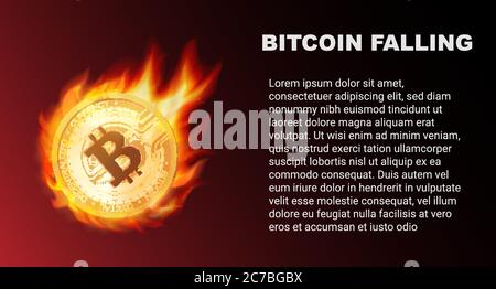 The falling of Bitcoin coin in fire. Red market. Bitcoin comet vector illustration Stock Vector