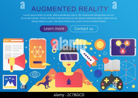 Vector trendy flat gradient color AR Augmented Reality and VR virtual reality concept template banner with icons and text Stock Vector