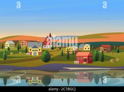 Vector of small town with houses on shore of river with hills under blue sky on background Stock Vector