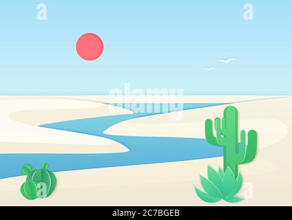 White sand desert landscape with oasis river. Vector gradient color illustration Stock Vector