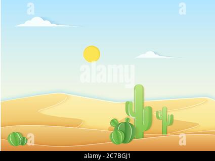 Trendy paper cuted style desert landscape with cute cactus in the desert vector illustration Stock Vector