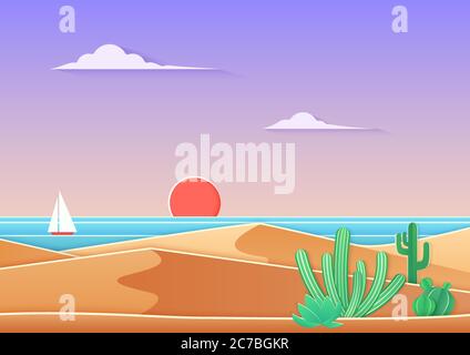 Cactus in the desert landscape with sea and ship in trendy gradient paper cuted art style. Desert near ocean sunset vector illustration Stock Vector
