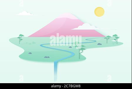 Trendy soft gradient clean world illustration concept with mountain, river, trees and waterfall. Japanese style pink mountain on island template poster Stock Vector