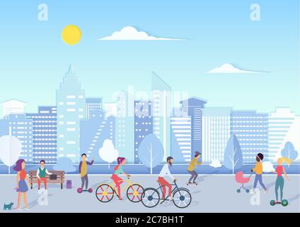 People with bikecycles, hoverboards, babies walking and relaxing in urban city square street with modern city skyline on the background. Trendy flat gradient vector illustration Stock Vector