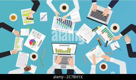 Team work concept. Top office desk view of brainstorming, business meeting. Hands with documents and laptops vector illustration Stock Vector