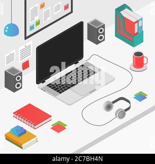 Flat 3d isometric workspace concept with laptop vector illustration Stock Vector