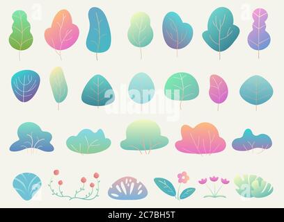 Trendy and beautiful gradient color simple flat forest elements. Bushes, floral elements and trees Stock Vector