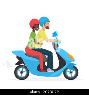 Couple in love together on scooter. Young happy pair, white man and african american woman riding a motorbike. Trendy gradient color vector illustration Stock Vector