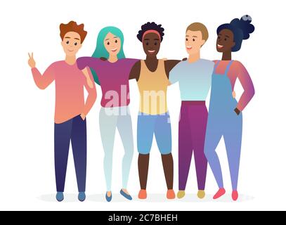 Group of young five happy posing, hugging and talking friends. People together. Friendship. Trendy gradient color vector illustration Stock Vector