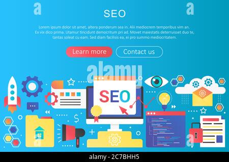 Vector trendy flat gradient color seo optimization concept template banner with icons and text Stock Vector