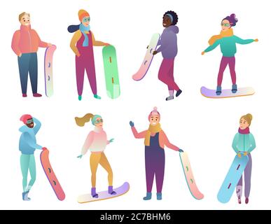 Winter active leisure . A group of people with snowboards and skis. Men and women are engaged in winter sports. Vector illustration in a flat style Stock Vector