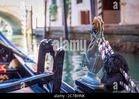Hippocampus, detail of a Venetian gondola in Venice, Italy Stock Photo