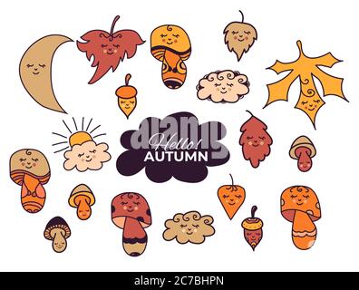 Vector set of autumn drawings. Various decorative, colored leaves and mushrooms, acorn, moon and clouds with cute faces and eyes closed. Use for Stock Vector