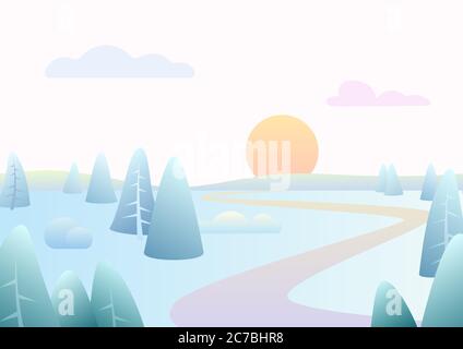 Fantasy minimalistic winter road river landscape with cartoon curved trees, trendy gradient color vector illustration Stock Vector