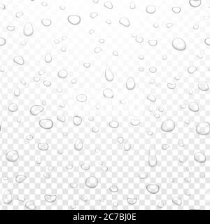 Realistic vector water rain drops on alpha transparent background. Condensed pure droplets. Vector clear water bubbles on window glass Stock Vector