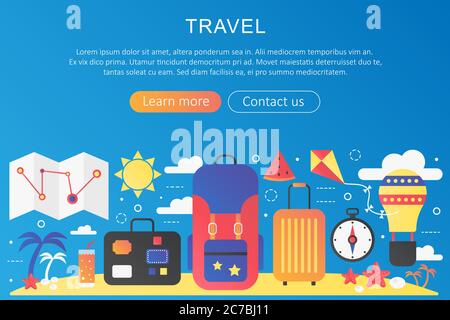 Vector trendy flat gradient color Travel trip adventure and vacation concept template banner with icons and text Stock Vector