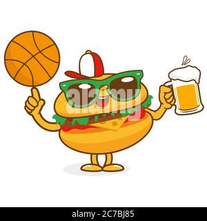 Cartoon hamburger character holding a glass of beer and a basket ball. Stock Photo