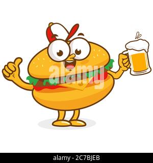 Hamburger cartoon character drinking a beer. Stock Photo