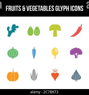 Unique fruits & vegetables vector glyph icon set Stock Vector