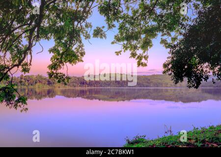 Sunrise view of Lake Nyabikere, with trees growing and the reflections on the water, Rweteera, Fort Portal, Uganda, Africa Stock Photo