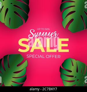 Summer sale poster. Natural Background with Tropical Palm and Monstera ...