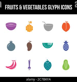 Unique fruits & vegetables vector glyph icon set Stock Vector